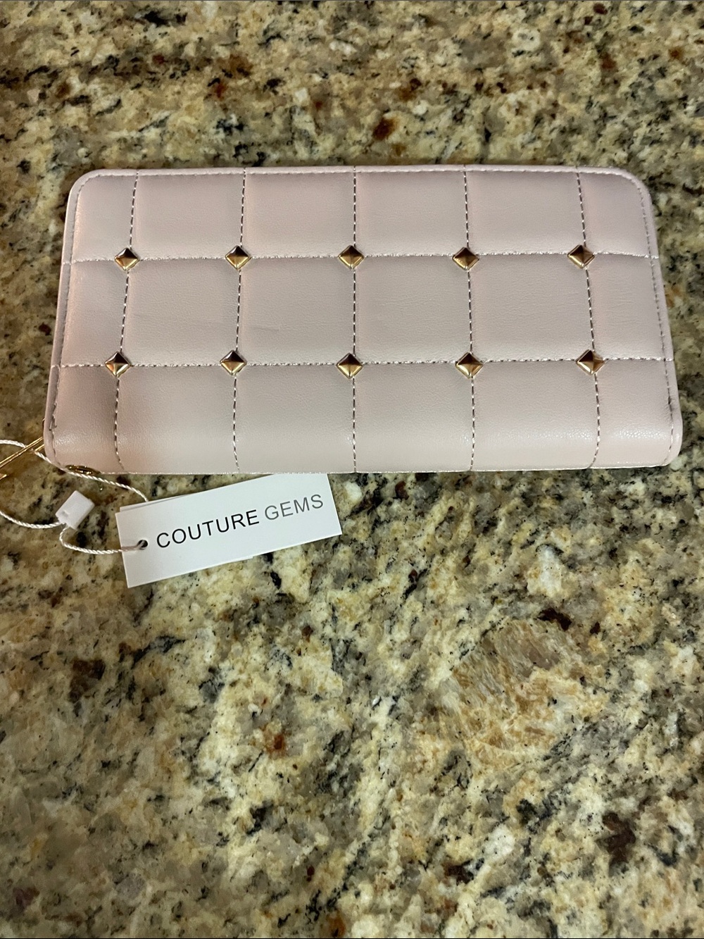 Couture Gems Quilted Cream Colored Zip Wallet with Gold Studs